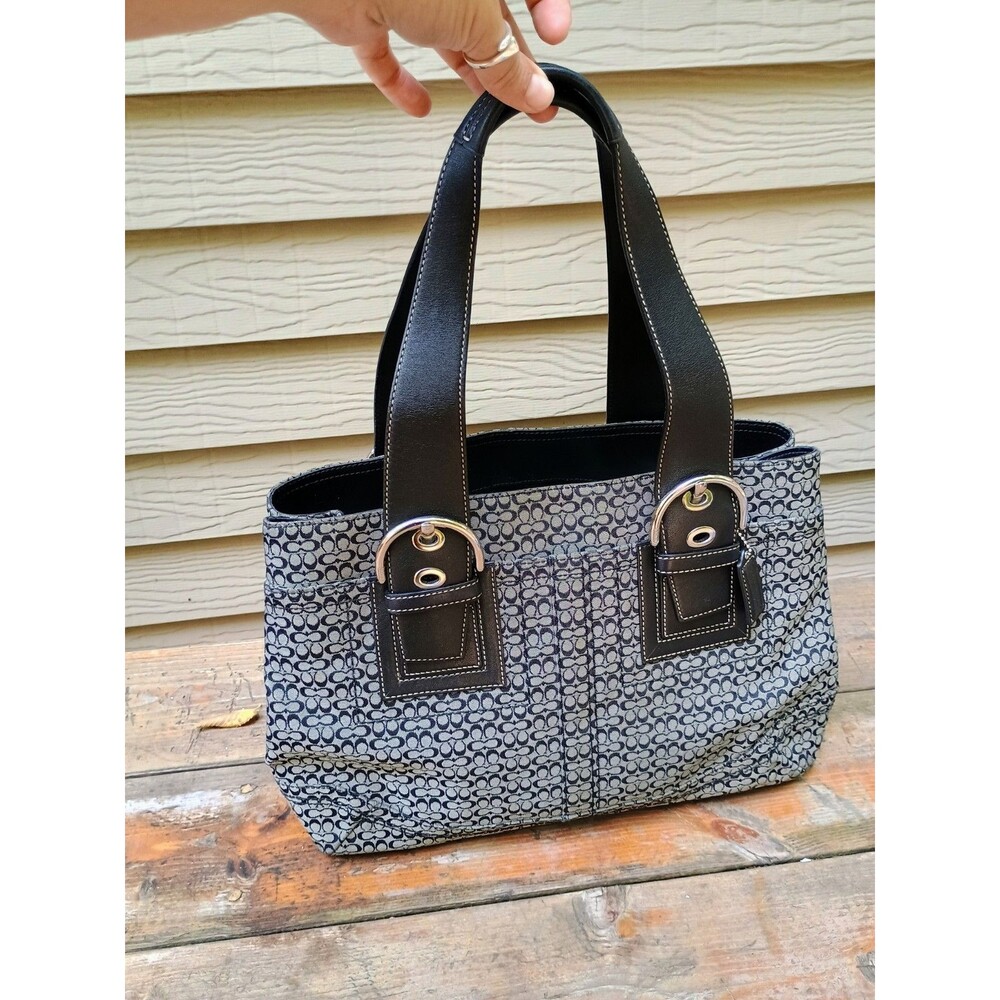 Coach Soho Signature Tote Bag Purse Black Buckle Leather Handle Monogram F12311
